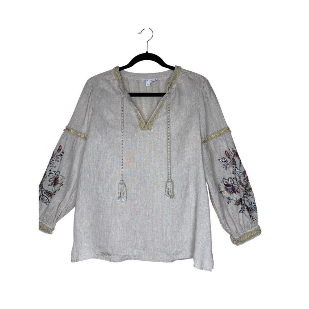 Chico’s Peasant Blouse Natural Linen Embroidered Size 6 Boho, Folk, Cottagecore
